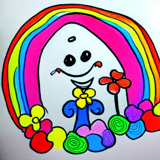 Image similar to fun doodle characters, flowers, rainbows, toilet seats, drawn with a fineliner pen on a white paper