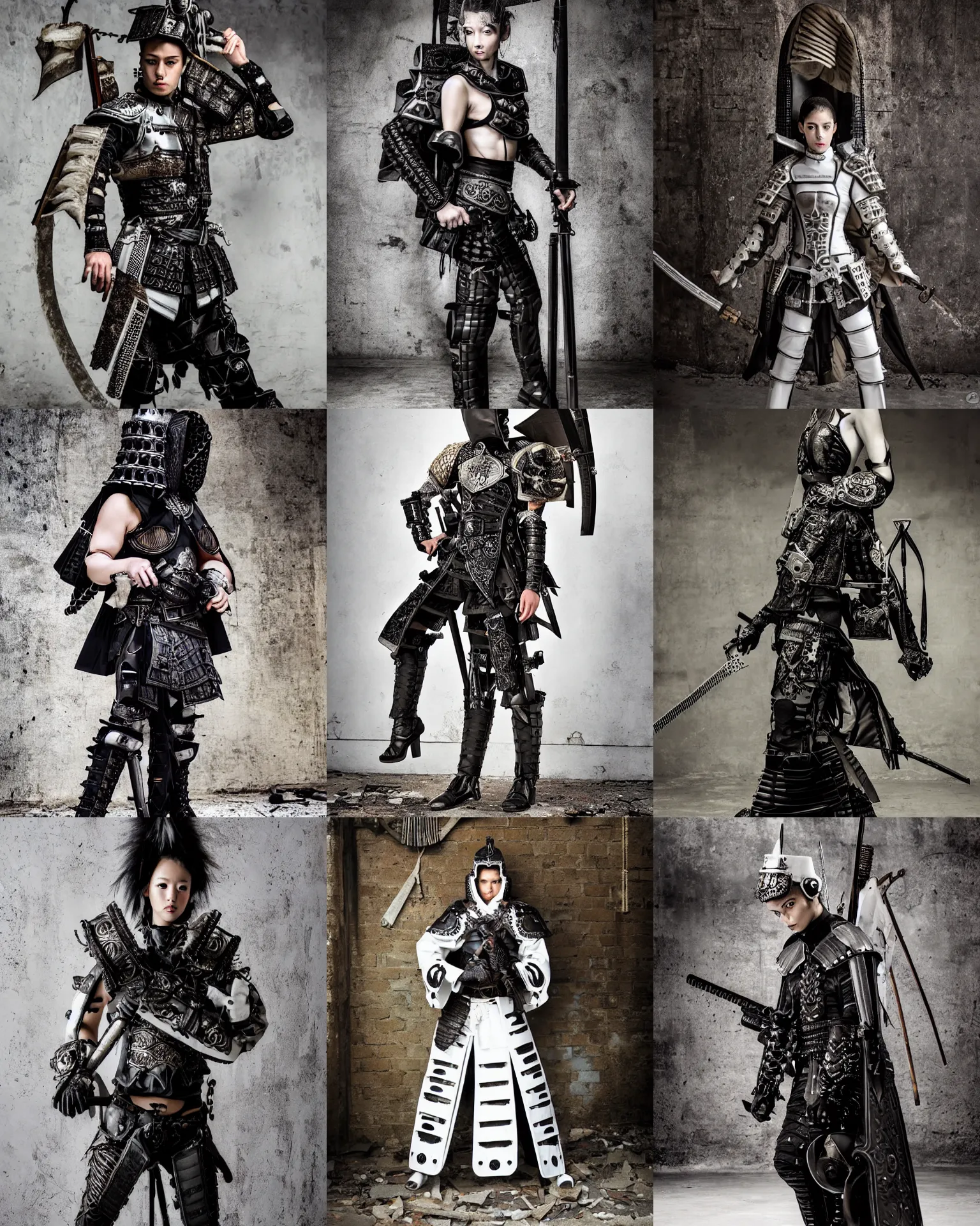 Prompt: fashion model with white ancestral ornate medieval tactical gear, black leather samurai garment, full shot model photography, dark abandoned cyberpunk factory, by irving penn and storm thorgerson, ren heng, peter elson,