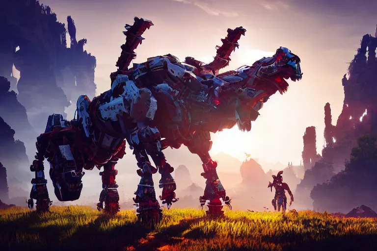 Image similar to grazer machine creature robot of horizon forbidden west horizon zero dawn radiating a glowing aura global illumination ray tracing hdr fanart arstation by ian pesty and alena aenami artworks in 4 k