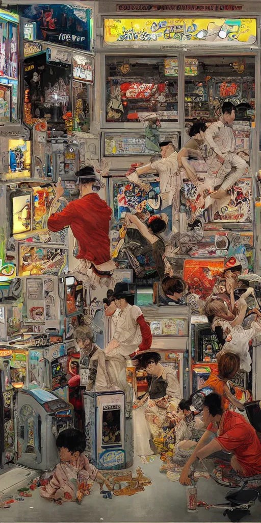 Image similar to oil painting scene from amusement arcade by kim jung gi