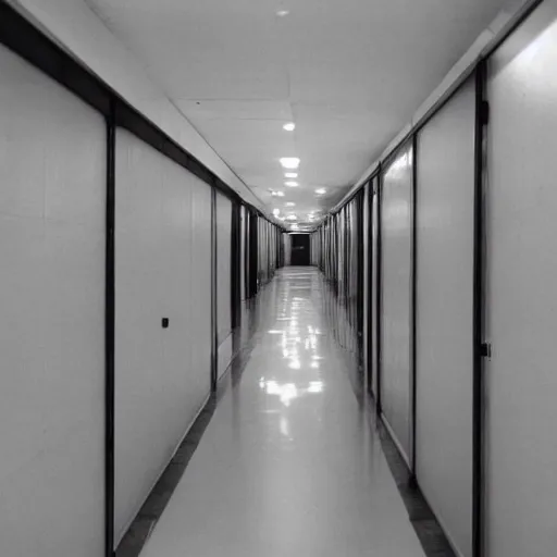 Image similar to a photo of the five and a half minute hallway, from the 1 9 7 0 s, at night, long hallway with lots of doors