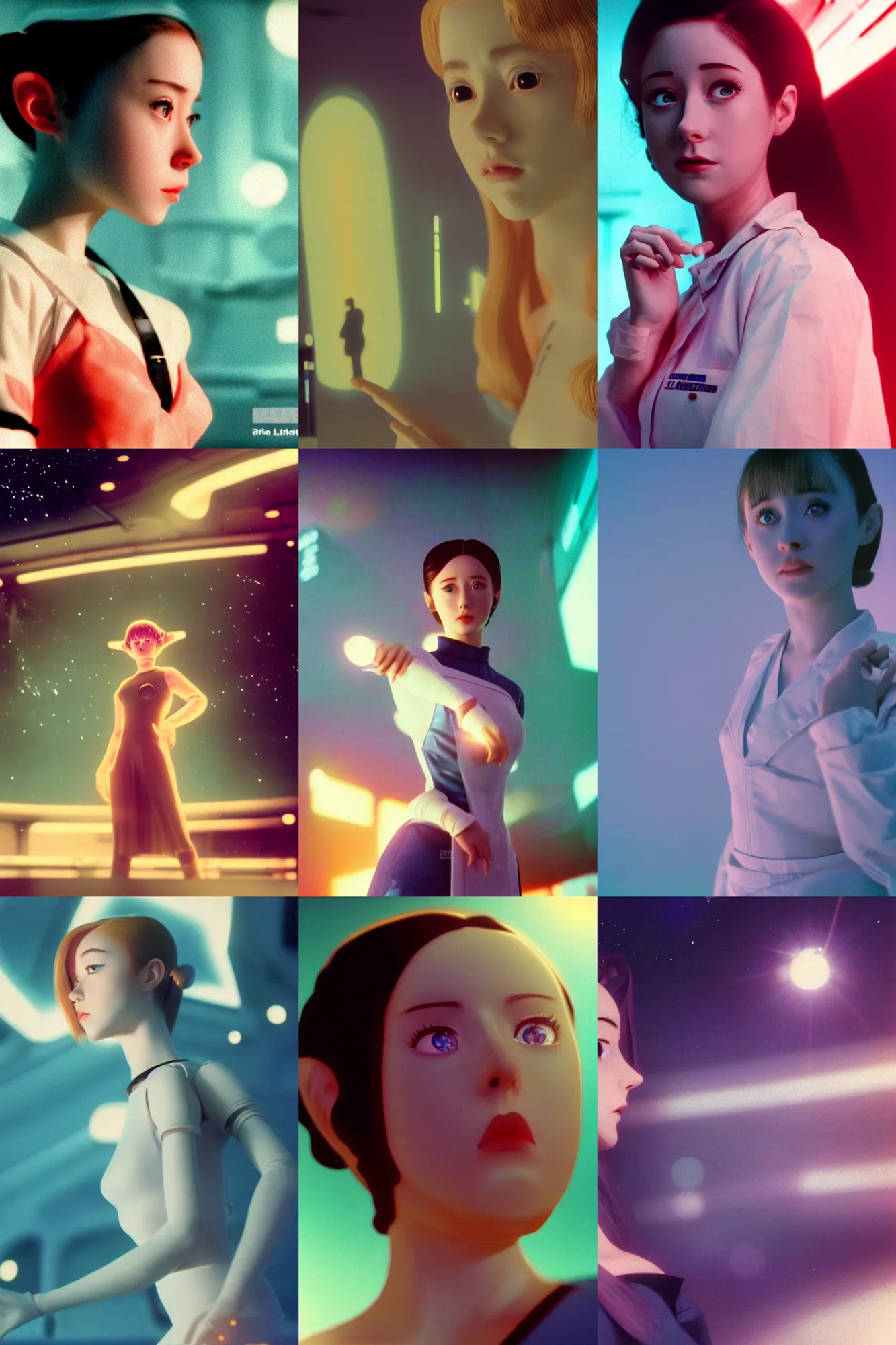 Prompt: Cinestill 50d, 8K, 35mm,J.J Abrams flare; beautiful ultra realistic vaporwave minimalistic pointé posed seinen manga Zelda in space(1950) film still medical lab dance scene, 2000s frontiers in blade runner retrofuturism fashion magazine September hyperrealism holly herndon edition, highly detailed, extreme closeup three-quarter pointé posed model portrait, tilt shift zaha hadid background, three point perspective: focus on anti-g flight suit;pointé pose;open mouth,terrified, eye contact, soft lighting