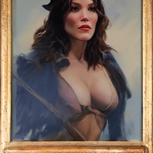 Prompt: ultra realistic portrait painting of katharine mcphee as a western outlaw, art by frank frazetta, 4 k, ultra realistic, highly detailed, epic lighting.