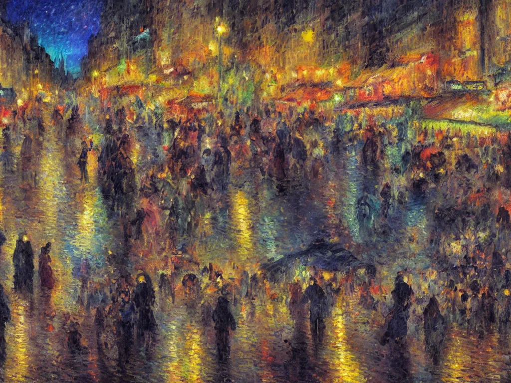 Prompt: Impressionist matte painting, a solemn night, defied by spirit, pulse, and flow, the vibrant echoes of the market, drifters, traders, collectors, and travelers, within radiate connection, forming an oasis of vivid lights within the shallow city, night, ultradetailed, techwear clothes, vibrant people, vivid color, crowded people, huts, stores, close up, artistic style, eye level shot, cyberpunk style, blue, by Carl Gustaf Hellqvist, George Luks