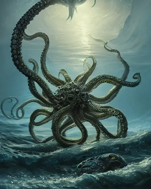 Image similar to A transparent Kraken in the sea, highly detailed, fantasy art, monster art, in the style of greg rutkowski, illustration, epic, fantasy, intricate, hyper detailed, artstation, concept art, smooth, sharp focus, ray tracing