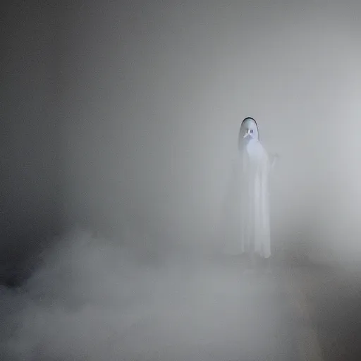 Prompt: a smoky ghost in a white misty room, eerie