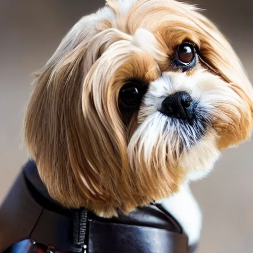 Image similar to photo of a golden shih tzu wearing leather jacket