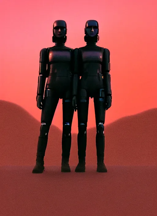 Image similar to cinestill 5 0 d photographic portrait of two loving female androids wearing rugged black techwear on a desolate plain with a brutalist monument and a red sky, extreme closeup, cyberpunk style, dust storm, 8 k, hd, high resolution, 3 5 mm, f / 3 2, ultra realistic faces, ex machina