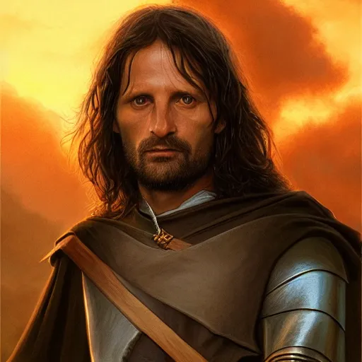 Image similar to Aragorn portrait, golden hour, rim lighting, detailed matte painting, cinematic, Alan Lee, Artstation