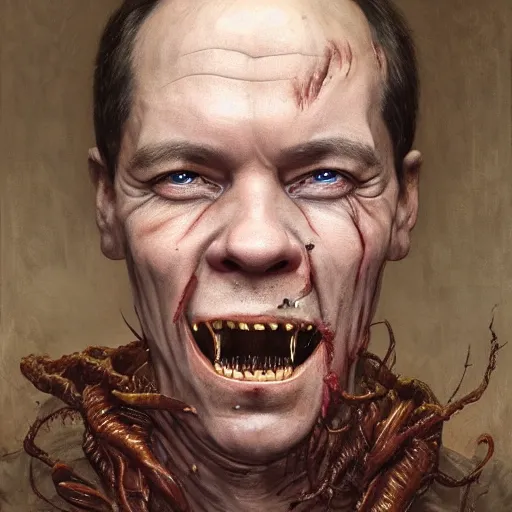 Image similar to a portrait of dmitry medvedev, flesh eating worms, macabre, horror saw teeth, horror rotten teeth, by donato giancola and greg rutkowski and wayne barlow and zdzisław beksinski, realistic face, visible face, digital art, artstation, symmetry