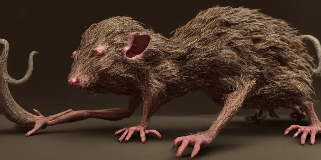 Image similar to a highly detailed photographic render of a humanoid rat creature, rat man, horror sci-fi, horro science fiction, biology, horror, beautifully lit, ray traced, octane 3D render, octane render, unreal engine