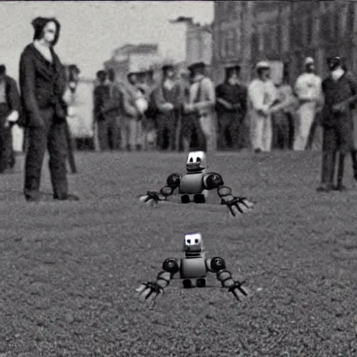 Image similar to levitating robot bots in front of hundreds of dead people , old photograph , 1824 , HD , 4k , realistic