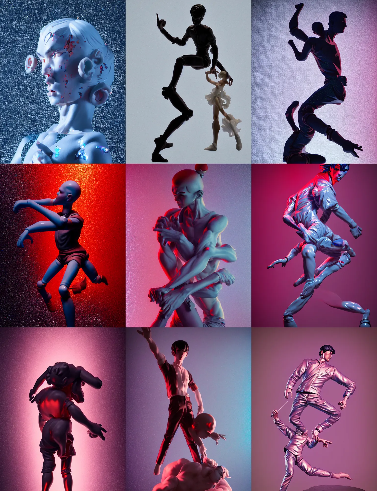 Prompt: james jean, ilya kuvshinov isolated fighting young man vinyl figure, figure photography, dynamic moving pose, glitter accents on figure, holographic undertones, anime stylized, high detail, ethereal lighting, rim light, expert light effects on figure, sharp focus, impactful composition and glowing effects unreal engine, octane, editorial awarded design