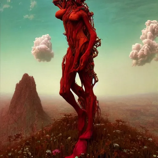 Image similar to A giant monster woman wearing clothes made out of thunder clouds and flowers red skin, mountains, Masterpiece, glowing, wires everywhere, by Edgar Maxence and Ross Tran, Zdzisław Beksiński, and Michael Whelan, distant, gustav dore, H.R. Giger, 8k, octane render