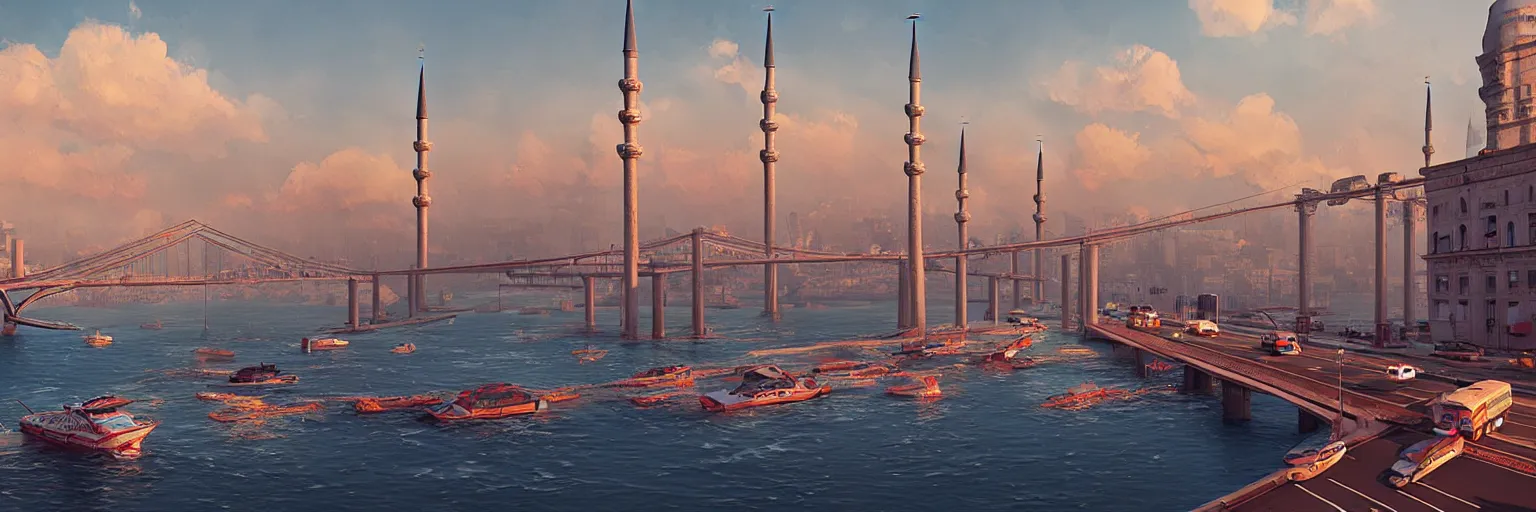 Image similar to a cinematic scene from istanbul bridge, concept art by nick ford and sylvain sarrailh,