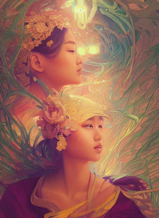 Prompt: beautiful young Asian woman, gorgeous face, sad eyes, tears, vaporwave aesthetic, synthwave, , colorful, intricate, elegant, highly detailed, digital painting, artstation, concept art, smooth, sharp focus, illustration, art by artgerm and greg rutkowski and alphonse mucha