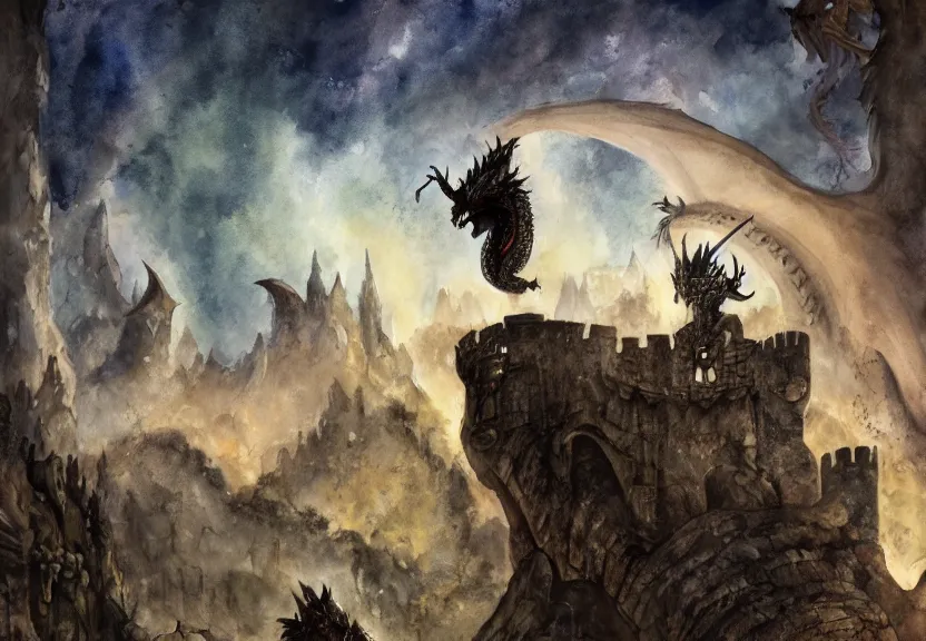 Image similar to possum adventurer fighting a dragon at a medieval castle under a dark starred sky, dark fantasy, watercolor, dreaming illusion, highly detailed, 4k, trending on Artstation, award-winning