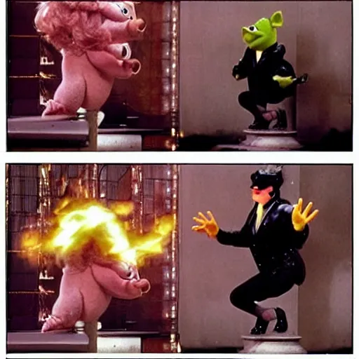 Image similar to Miss Piggy as Trinity in The Matrix (1999) action bullet time, leather outfit, explosions scene from movie