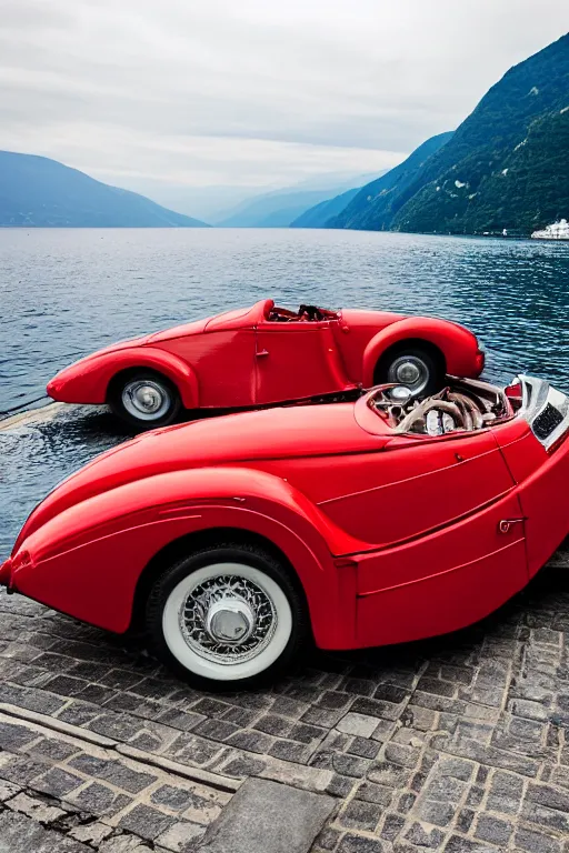 Image similar to Photo of a red 1939 Delahaye parked on a dock with Lake Como in the background, wide shot, daylight, dramatic lighting, award winning, highly detailed, 1980s, luxury lifestyle, fine art print, best selling.