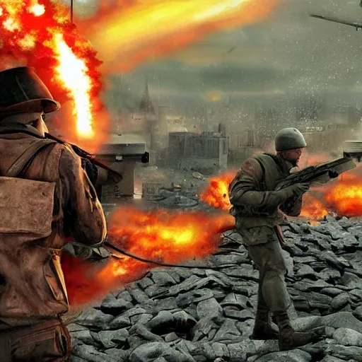 Image similar to The war between the Soviet Union and America, the action takes place in New York, far away against the background of the Statue of Liberty, a lot of soldiers and military equipment, a lot of explosions and tracer bullets, a lot of ruins, a very epic battle, The style of photography of the 80s, very detailed and detailed style