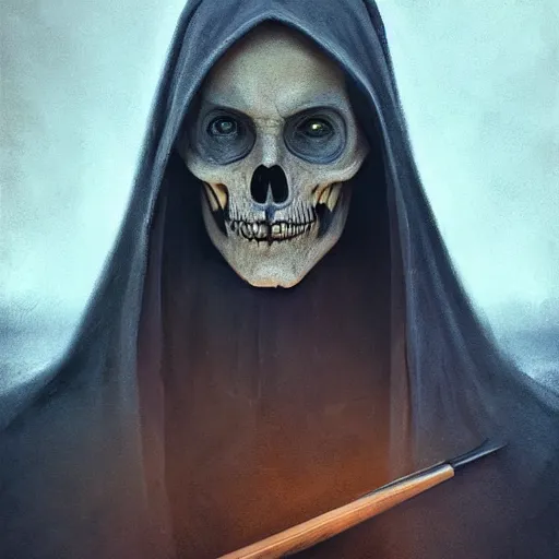 Image similar to menacing grim reaper portrait, showing a sand clock running out of time, mysterious atmospheric lighting, painted, intricate, volumetric lighting, beautiful, rich deep colours masterpiece, golden hour, sharp focus, ultra detailed, by leesha hannigan, ross tran, thierry doizon, kai carpenter, ignacio fernandez rios