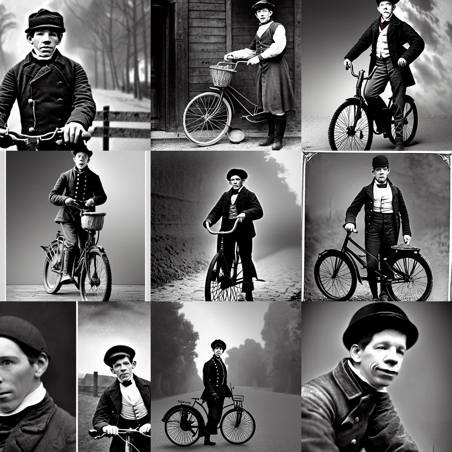 Prompt: a young, absent-minded 19th century postman looks similar to Lee Evans, rides a bike, cinematic lighting, highly detailed, black-and-white, realistic, antique photography