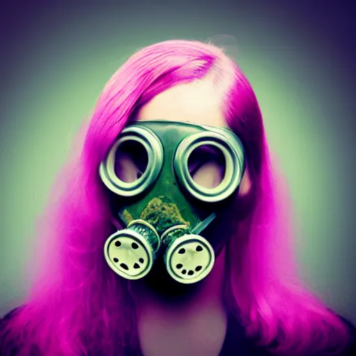 Prompt: Gas mask, Marijuana, marijuana leaves, smoke, long pink hair