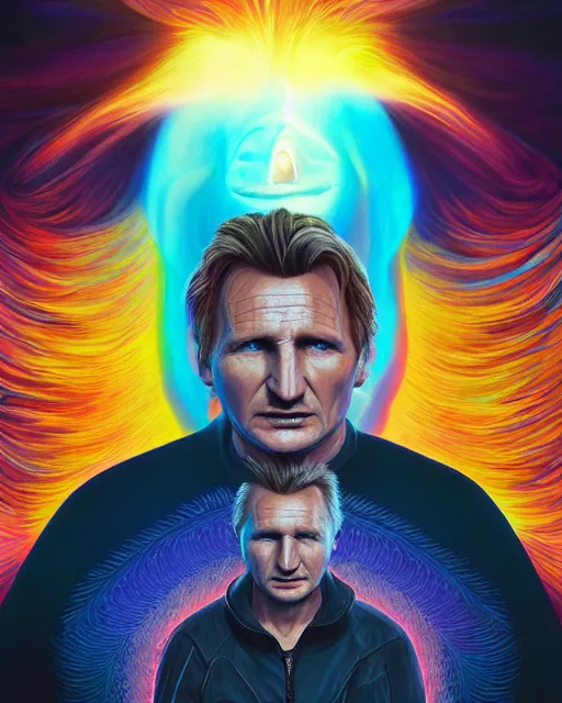 Image similar to portrait ultra dimensional liam neeson, accidentally tripping on dmt and acid, psychedelic experience, overwhelming psychosis of self realization and burning awakening, ultra high definition, unreal engine 5, hyperrealism, masterpiece composition, by casey weldon, barclay shaw 8 k photorealistic