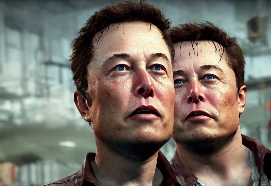 Image similar to elon musk in the video game in the last of us, gameplay screenshot, close up, 3 d rendering. unreal engine. amazing likeness. very detailed.