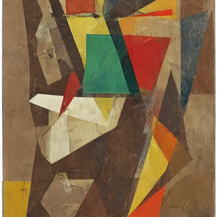 Image similar to an artwork by kurt schwitters, mix of geometric and organic shapes, both bright and earth colors, mixed media