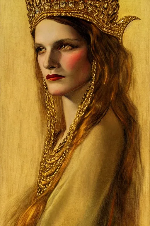 Prompt: Portrait of historically accurate, ancient biblical, sultry, sneering, evil, pagan, wicked, queen jezebel, wearing gilded robes, long hair, intricate, elegant, highly detailed, masterpiece, illustration, art by NC Wyeth, highly detailed, trending on artstation, award winning