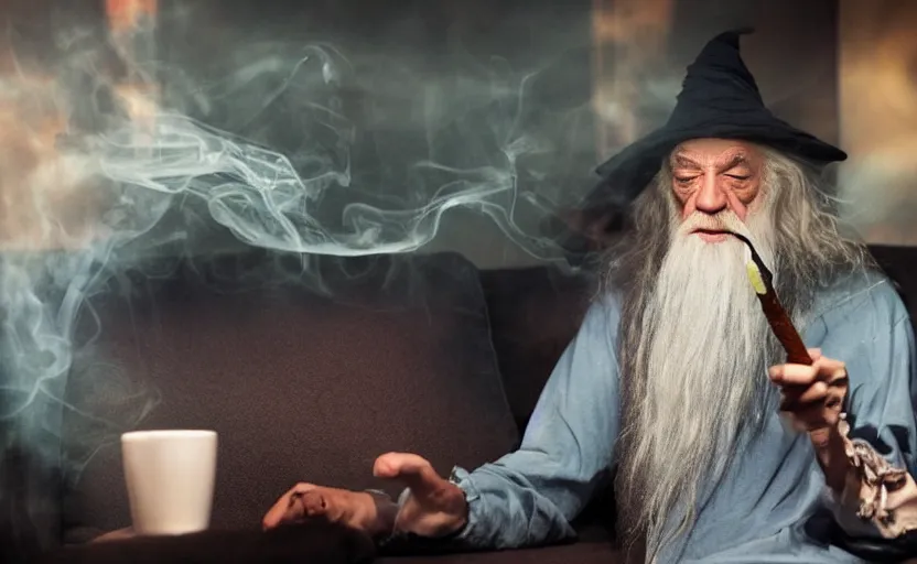 Image similar to a smartphone picture of stoned gandalf smoking a joint sitting on a couch in a night club,