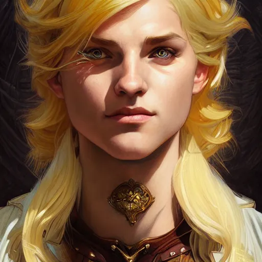 Prompt: an epic fantasy comic book style portrait painting of a young blonde thief, d & d, fantasy, joyful smirk, intricate, elegant, digital painting, artstation, concept art, extremely detailed, matte, sharp focus, illustration, art by artgerm and greg rutkowski and alphonse mucha