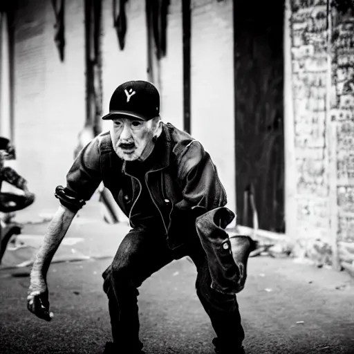 Image similar to Yitzhak Rabin wearing punk clothes and a cap doing breakdance moves in an alley, black and white, street photography, 4k, HQ