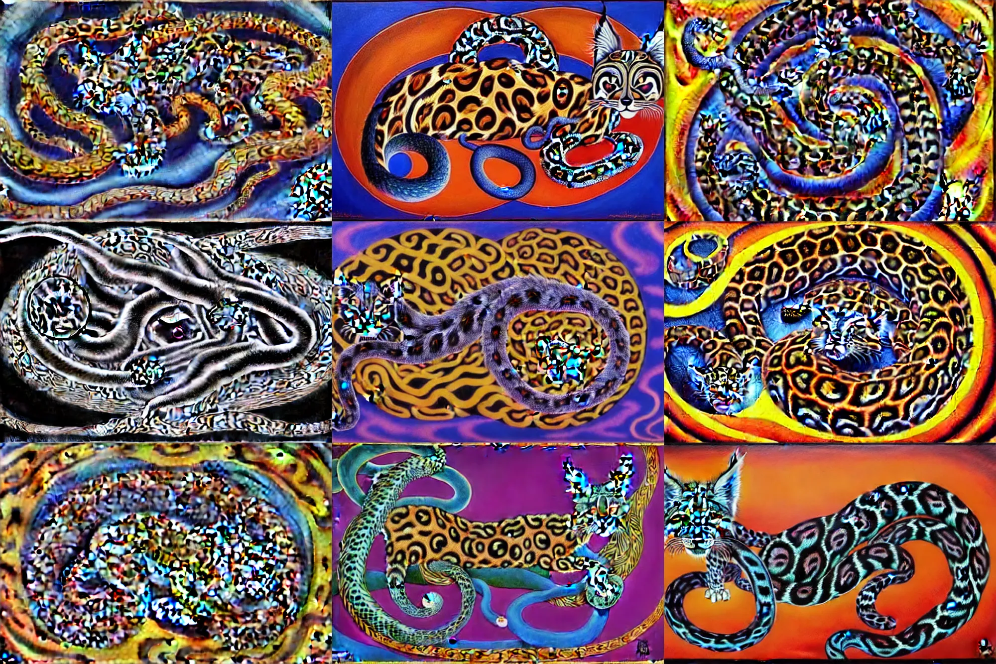 Prompt: a detailed painting of a magick polecat occult effigy beautiful lynx fur that is a crescent shaped leopard atomic latent snakes in between autobiological cybernetic ferret resurgence of snake phonkadelic ferret in the style of escher, alex grey, kubrick inspired by realism, symbolism, magical realism and dark fantasy, clear, crisp,