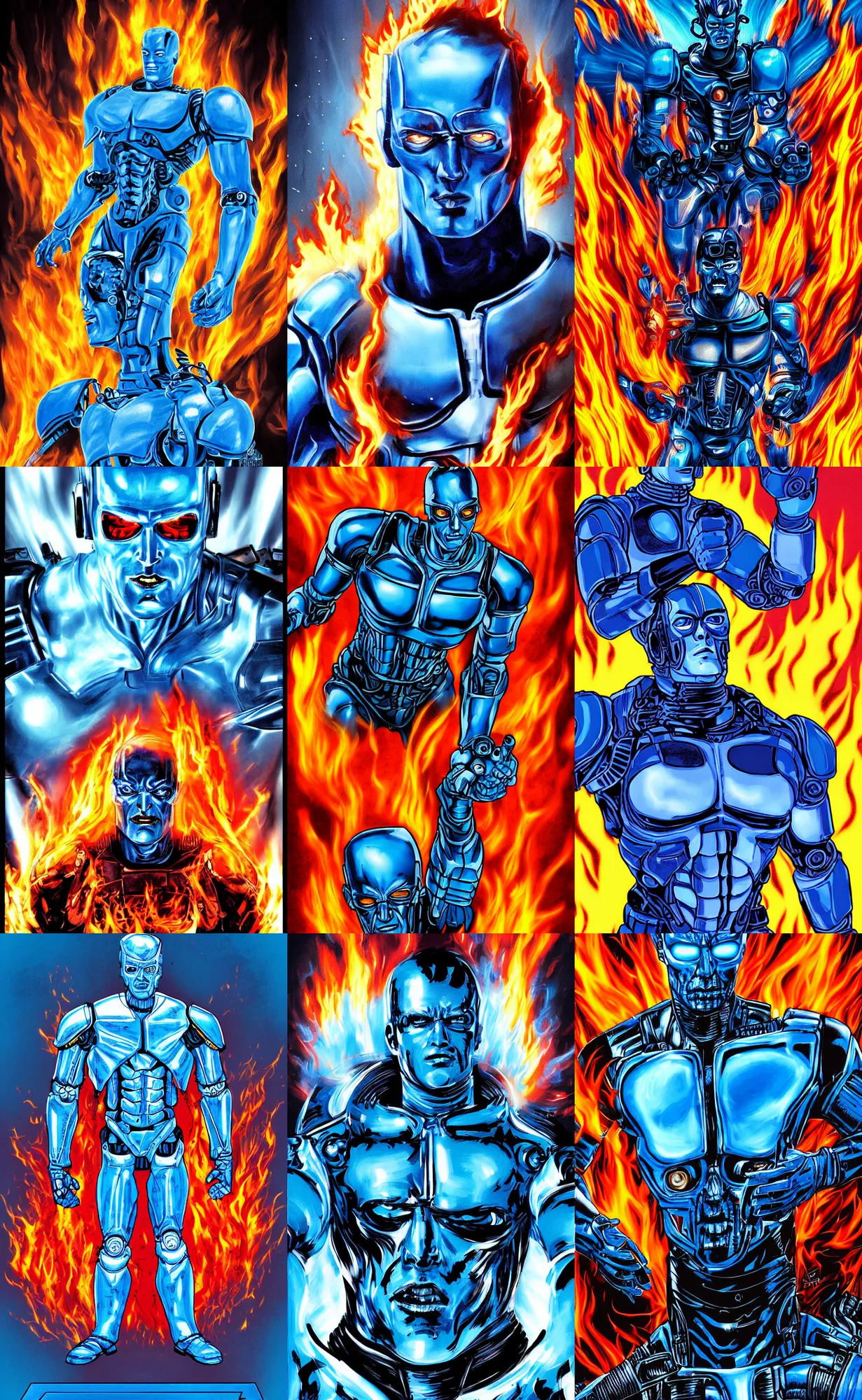 Prompt: detailed comic book movie poster of a portrait blue terminator android surrounded by flames by gabz