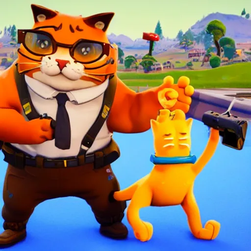 Prompt: a anthropomorphic cat playing Fortnite with a anthropomorphic dog, Garfield cartoon, Jim Davis