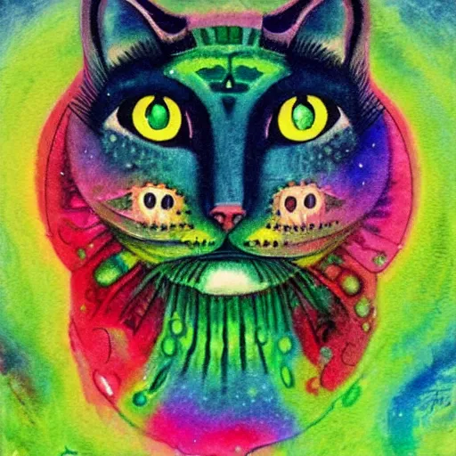 Image similar to a green cat's face, sci-fi watercolor by Louis William Wain,