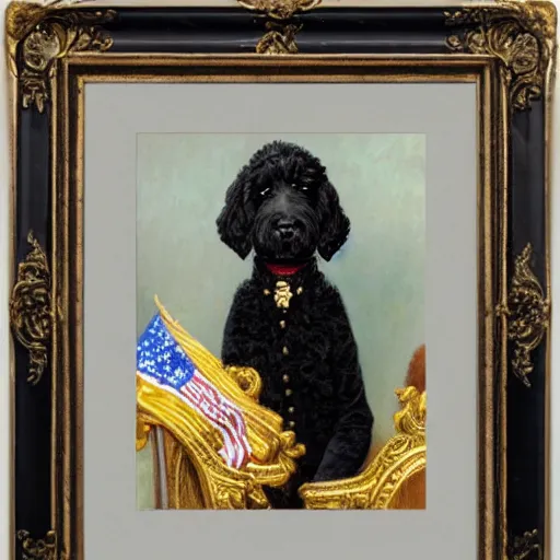 Image similar to Black Goldendoodle with a bright face wearing a Napoleon Era Military Uniform looking melancholy, Norman Rockwell style