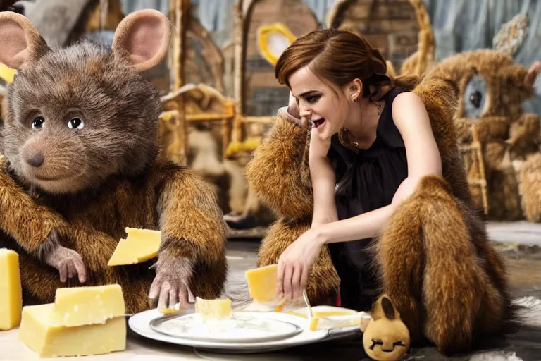 Image similar to photo, emma watson as furry rat, teletubbies around, eats cheese, highly detailed, intricate details