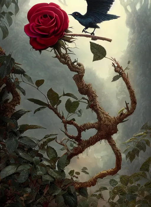 Image similar to the bird has grown its arms and is holding a rose, hyperrealism, no blur, 4 k resolution, ultra detailed, style of tyler edlin, tom bagshaw, arthur rackham, ivan shishkin