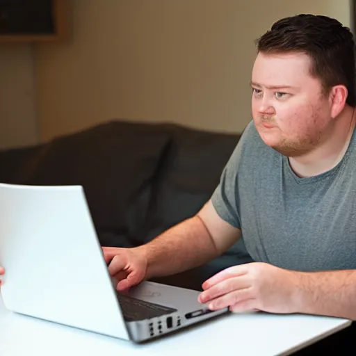 Image similar to a young man called richard being slightly obese sitting in front of hos lenovo thinkpad laptop and talking to himself