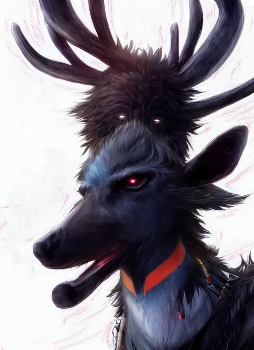 Image similar to award winning beautiful portrait commission of a male furry anthro Black Reindeer fursona with a tail, wings and a cute beautiful attractive detailed furry face wearing stylish black and orange cyberpunk clothes in a cyberpunk city at night while it rains. Character design by charlie bowater, ross tran, artgerm, and makoto shinkai, detailed, inked, western comic book art