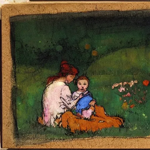 Image similar to this mixed mediart is beautiful because of its harmony of colors and its simple but powerful composition. the artist has created a scene of peaceful domesticity, with a mother and child in the center, surrounded by a few simple objects. the colors are muted and calming, and the overall effect is one of serenity and calm. by howard pyle ecstatic