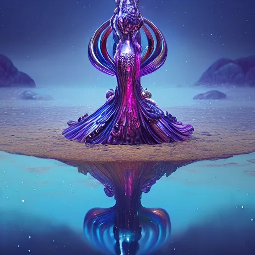 Image similar to iridescent creature in candyland, water reflection, night, backlit, warm tones, bioluminescent : by michal karcz, daniel merriam, victo ngai and guillermo del toro : ornate, dynamic, particulate, intricate, elegant, highly detailed, centered, artstation, smooth, sharp focus, octane render