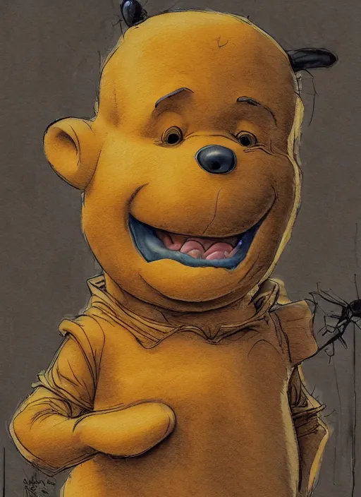 Image similar to portrait, Nightmare Winnie the Pooh, watercolor, dramatic lighting, cinematic, establishing shot, extremely high detail, foto realistic, cinematic lighting, pen and ink, intricate line drawings, by Yoshitaka Amano, Ruan Jia, Kentaro Miura, Artgerm, post processed, concept art, artstation, matte painting, style by eddie mendoza, raphael lacoste, alex ross