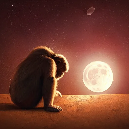 Prompt: monkey playing a guitar at the moon, by greg rutkowski, cinematic, global light, canon