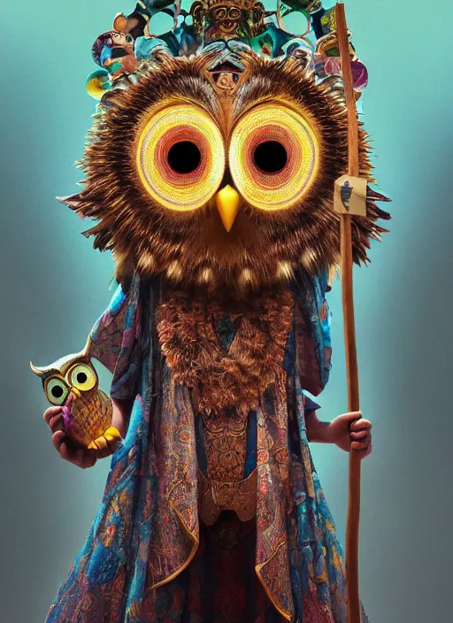 Image similar to an anthropomorphic beautiful goddess male wizard made of owl portrait holding a staff wearing colourful robe, fine art, award winning, intricate, elegant, sharp focus, octane render, hyperrealistic, cinematic lighting, highly detailed, digital painting, 8 k concept art, art by jamie hewlett and z. w. gu, masterpiece, trending on artstation, 8 k