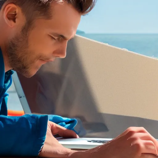 Prompt: storyboard sketch image of man working on laptop at sunny beach, perfect face, fine details