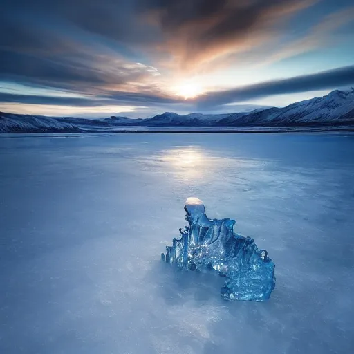 Image similar to amazing landscape photo of A monster trapped under the ice transparent frozen lake at sunset by marc adamus beautiful dramatic lighting